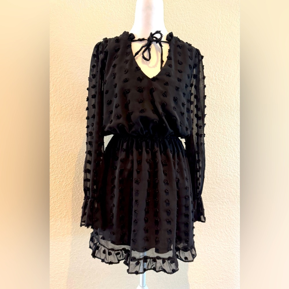 Midnight Doll Black Swiss Dot Chiffon Tie-Neck Dress | Size Medium | Like New